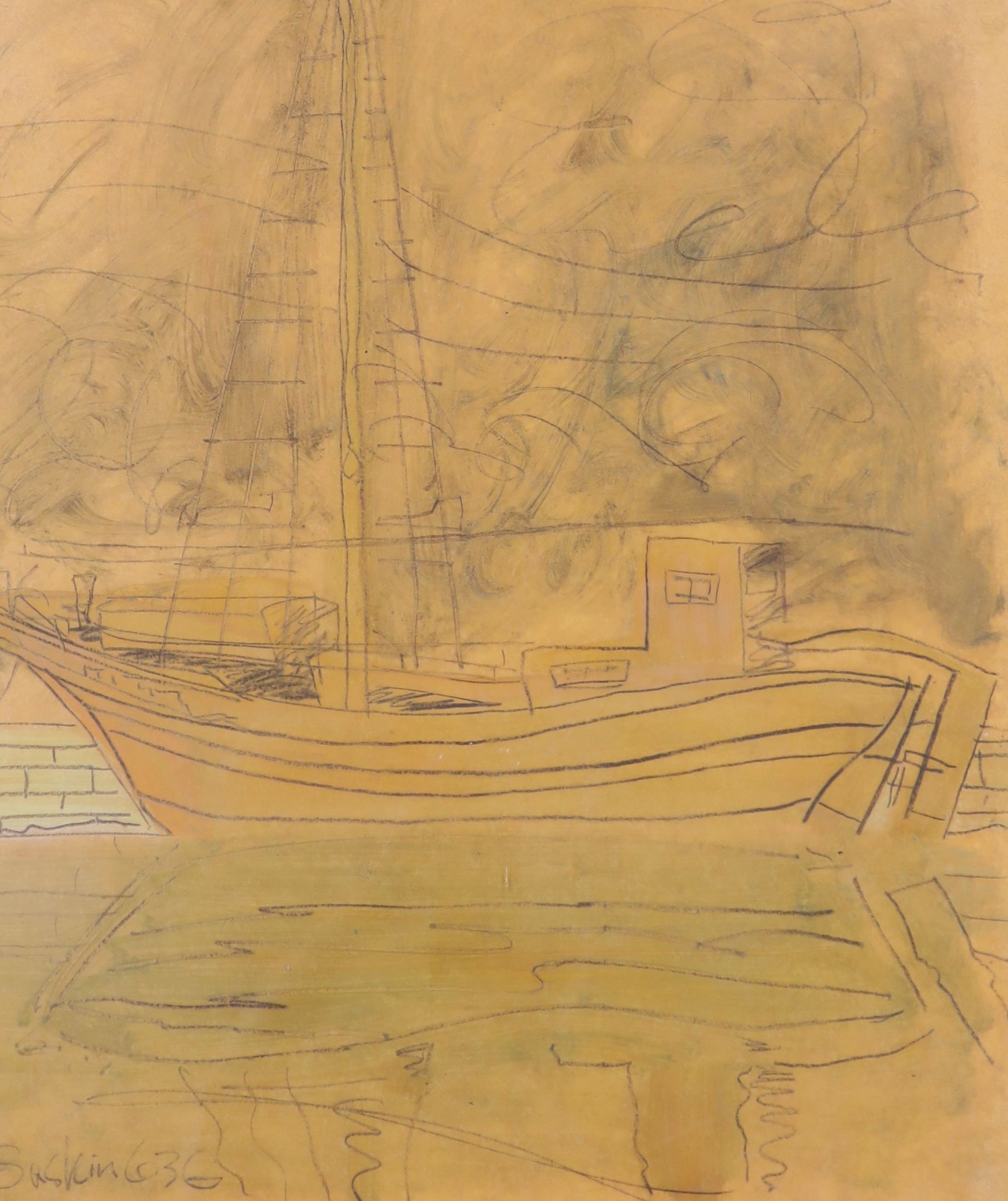 Leonard Baskin (1922-2000), mixed media on paper, Fishing boat in harbour, signed and dated '63, 55 x 48cm